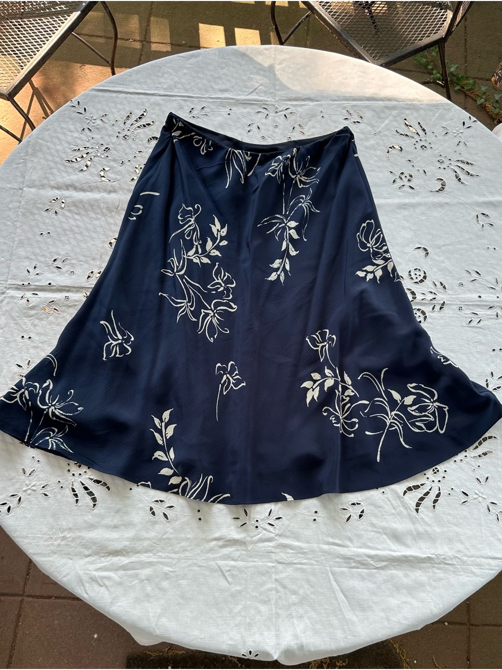 Ralph Lauren Silk Navy Blue Floral Flowy Midi Skirt